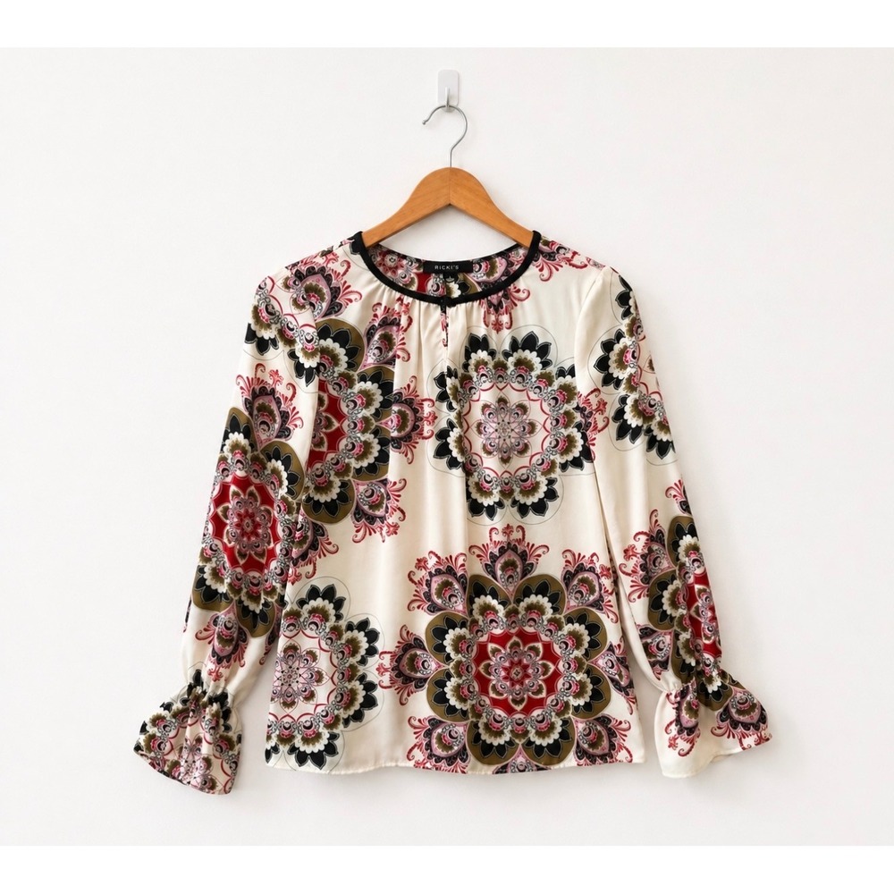 Zac‎ & Rachel Semi Sheer Floral Medallion Blouse Size Small Boho Long Sleeve